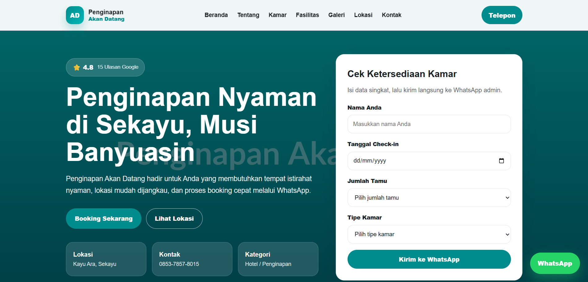 Website Company Profile / Katalog Kamar / Booking WhatsApp Penginapan